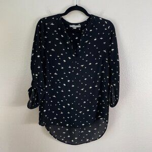 Daniel Rainn Womens Small Black Dandelion Floral Blouse 3/4 Roll Up Sleeve Shirt